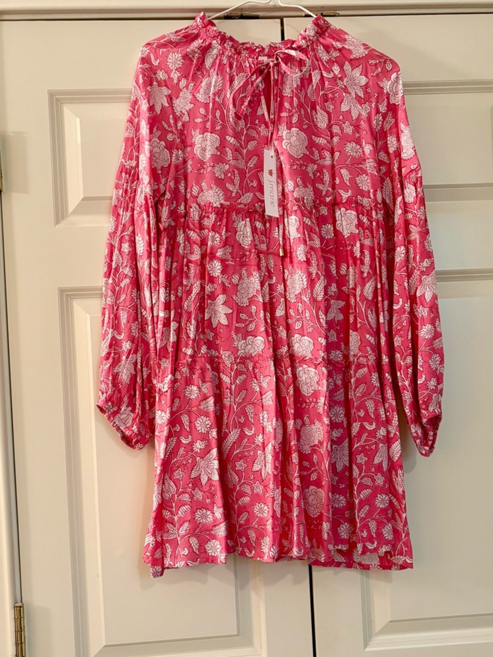 Pink Floral Long-Sleeve Mini Dress with Tie Neck
